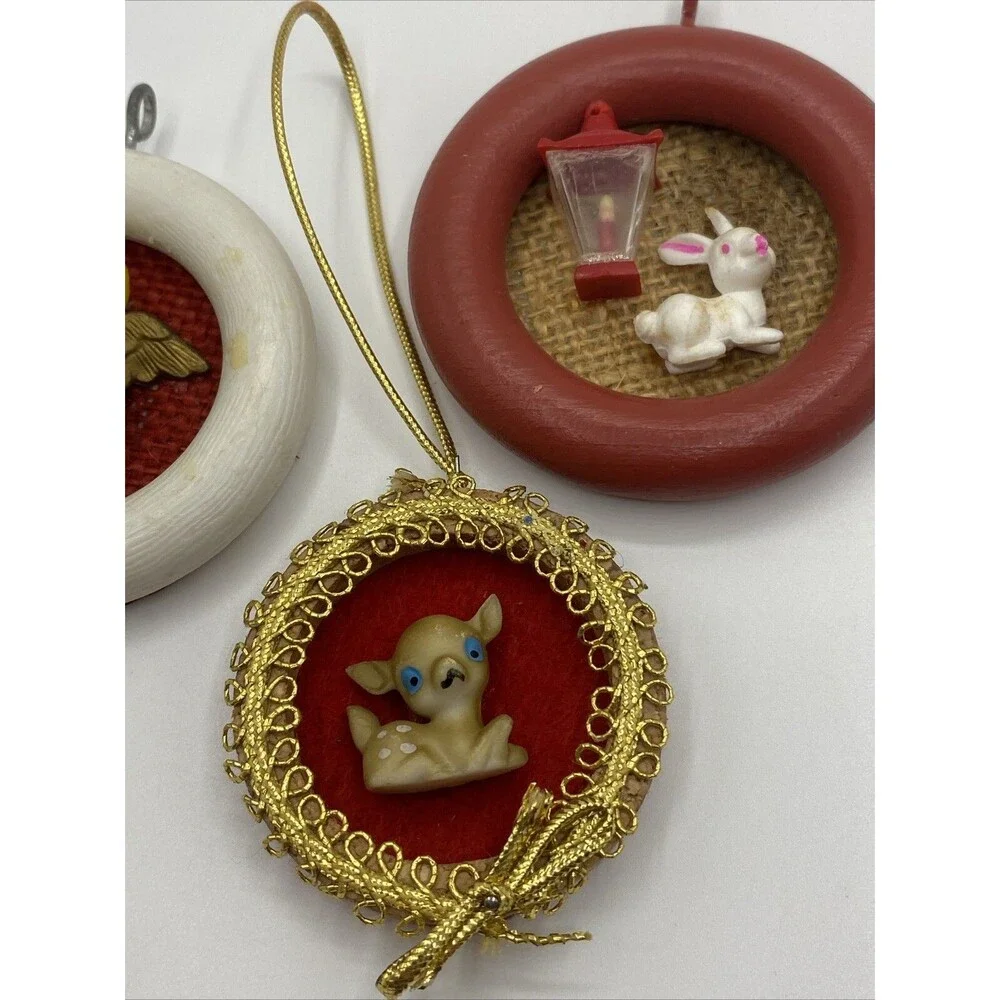 Vintage Christmas Handmade Ornaments Agel Lantern Bunny Deer Round Hanging